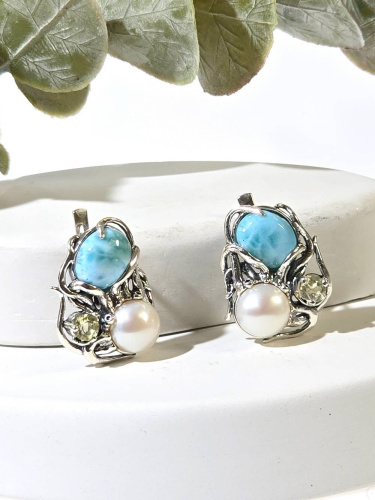 Серебряные серьги ETERI с ларимаром, лимонным кварцем и жемчугом